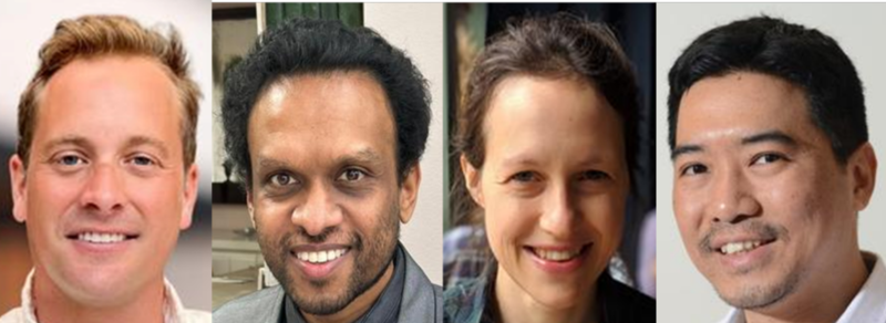 Four headshot portraits of smiling people arranged in a 2x2 grid