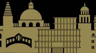 Stylized gold silhouette of Oxford landmarks on a black background, including domes, towers, spires, and historic university buildings.