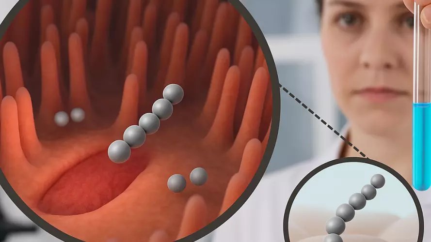 An image of a scientist holding a tube in her hand and close up images of the microrobots inside the human body