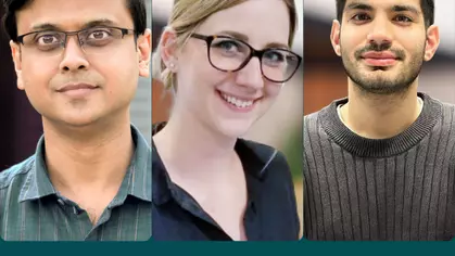 main image for the news showing Suman, Corinne and Stelios on a Kavli background
