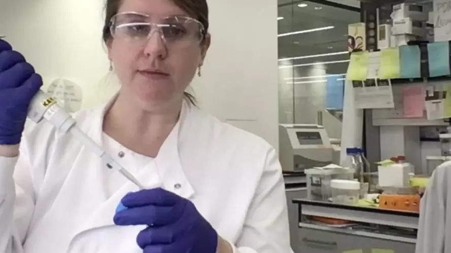 Lindsay Baker in the lab with a pipette