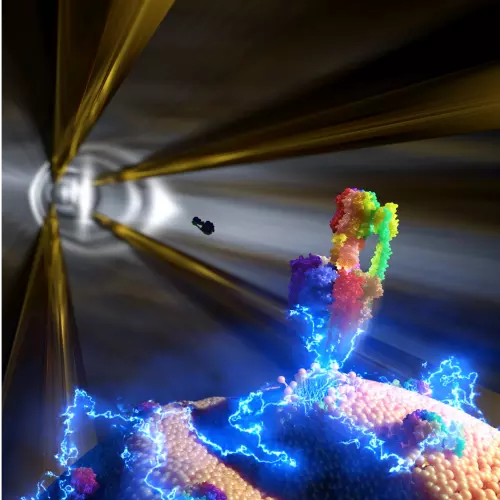 Scientific illustration of a colourful protein molecule interacting with a cell membrane, surrounded by electric-blue energy effects and dramatic golden light beams against a dark background.