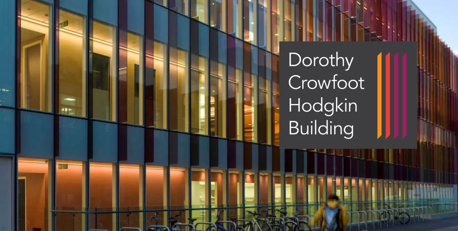 A photo of Dorothy Crowfoot Hodgkin Building with the Building's new logo.