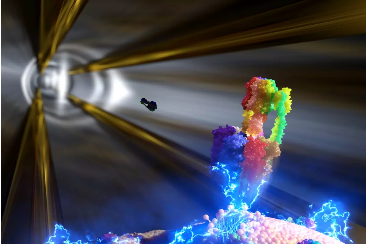 Scientific illustration of a colourful protein molecule interacting with a cell membrane, surrounded by electric-blue energy effects and dramatic golden light beams against a dark background.